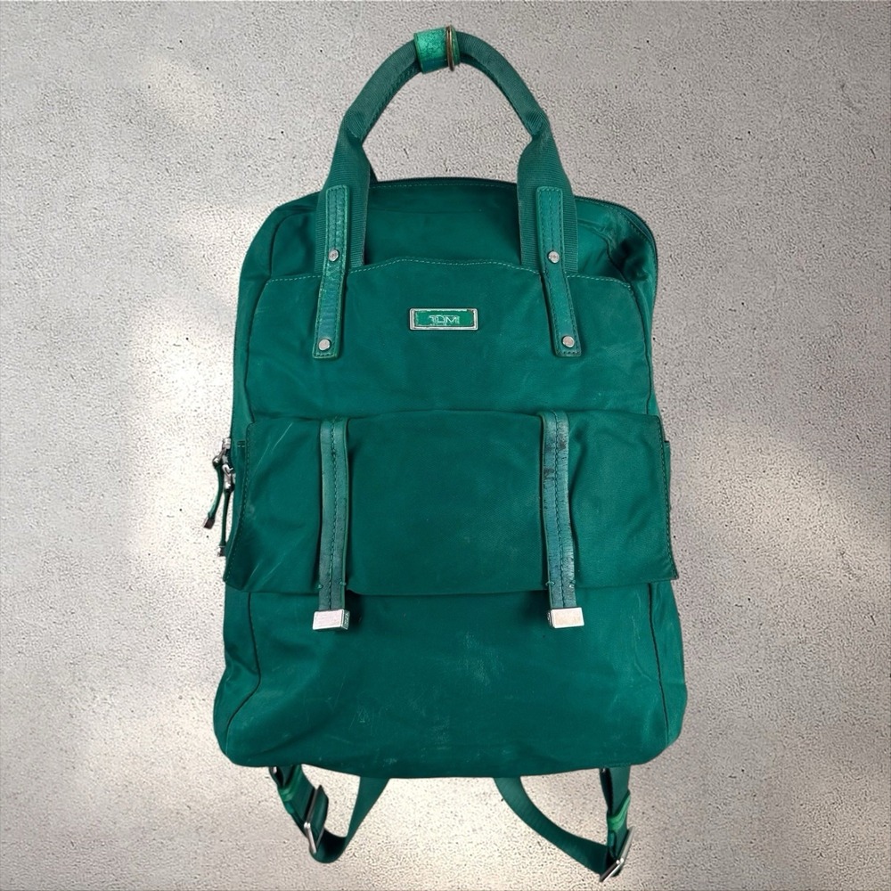 TUMI Epsom Backpack Green Nylon Leather Trim Travel Laptop Bag